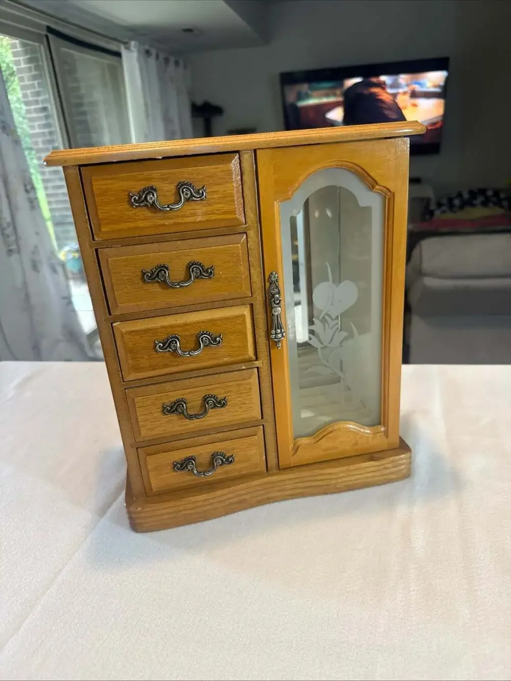 Vintage Tall Wooden Jewelry Armoire with 5 Drawers and Etched Glass Door